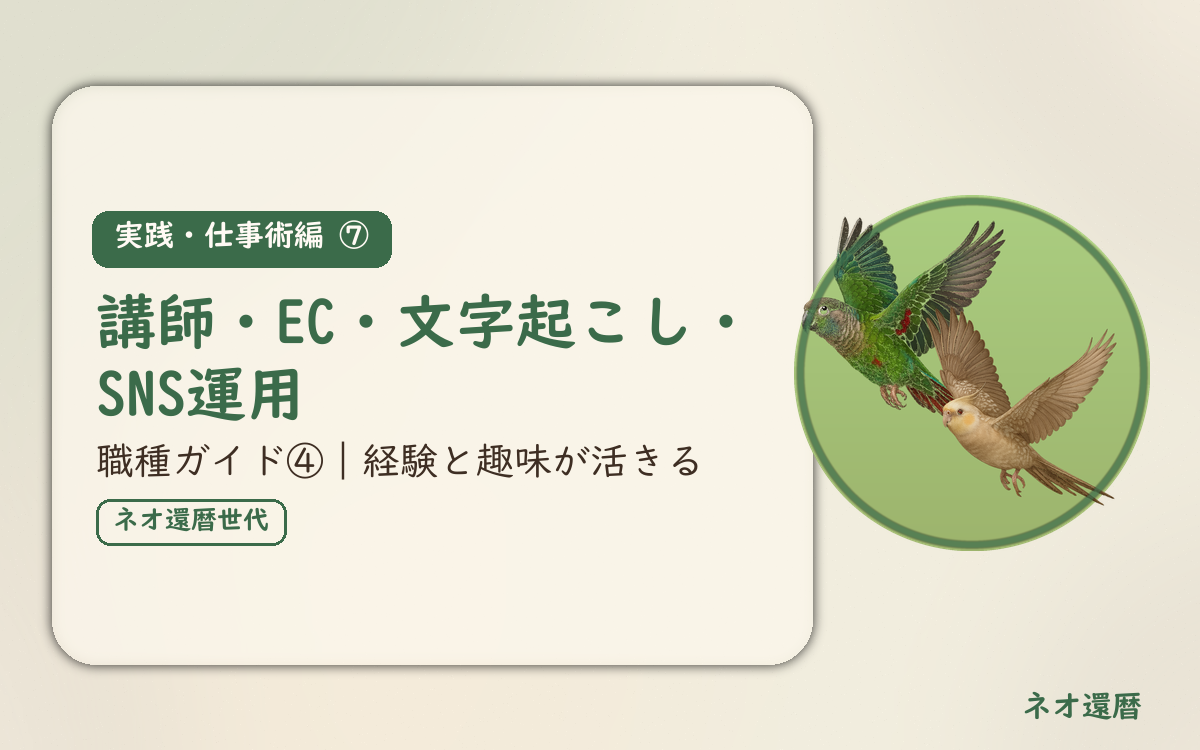 実践・仕事術編⑦のアイキャッチ。在宅ワーク職種ガイド④、講師・EC・文字起こし・SNS運用、経験と趣味が活きる仕事。オカメインコとウロコインコの小鳥さんたちが同じ方向へ飛ぶ姿のイラスト入り。