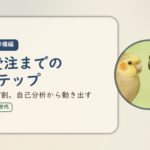 在宅ワーク入門・準備編③のアイキャッチ。初受注までの6ステップ、準備が9割、自己分析から動き出す。オカメインコとウロコインコの小鳥さんたちが描かれたイラスト入り。