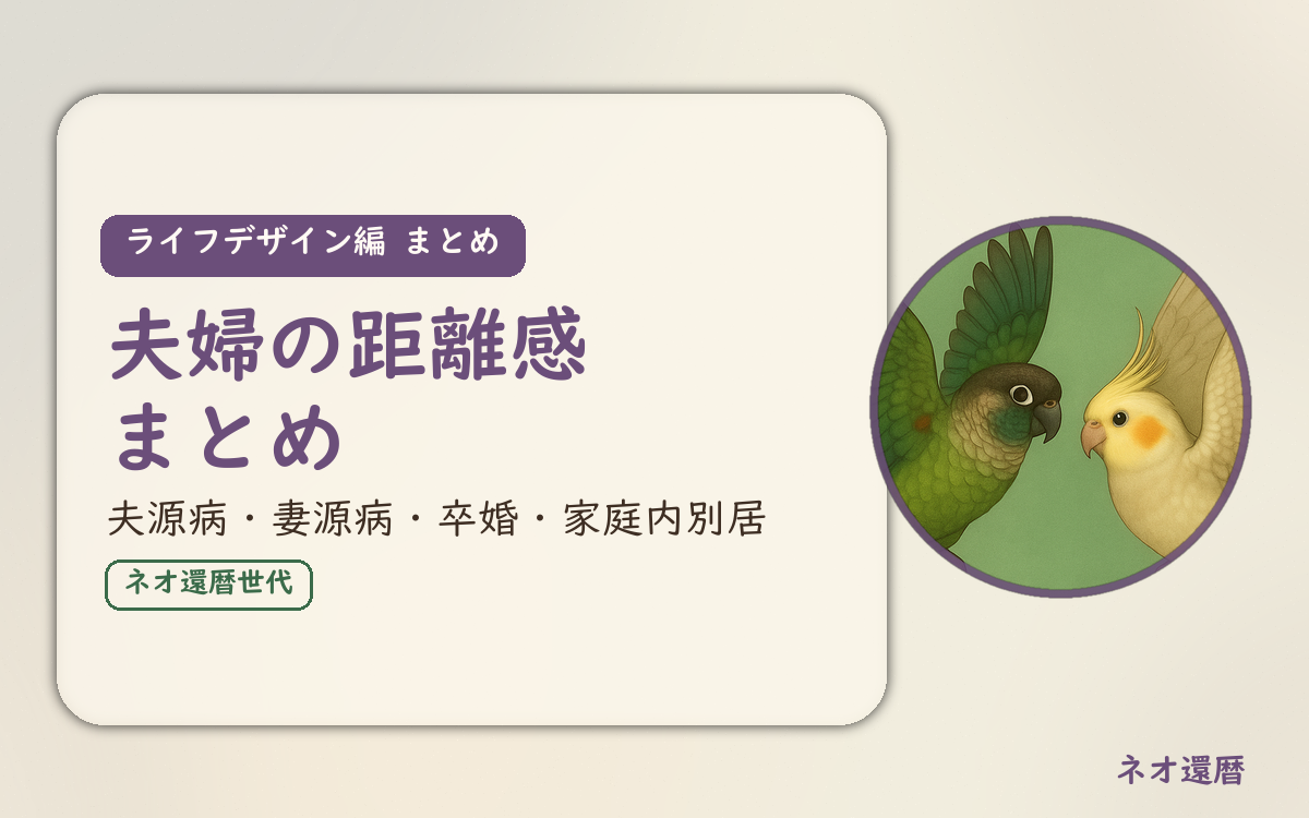 ライフデザイン編のまとめのアイキャッチ。夫婦の距離感まとめ、夫源病・妻源病・卒婚・家庭内別居の4記事への案内。ウロコインコとオカメインコの小鳥さんたちが向かい合って描かれたイラスト入り。