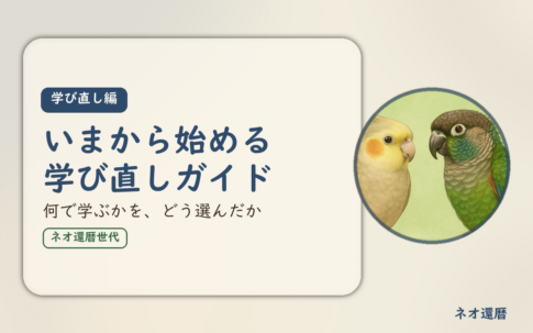 学び直し編のアイキャッチ。いまから始める学び直しガイド、何で学ぶかを、どう選んだか。オカメインコとウロコインコの小鳥さんたちが描かれたイラスト入り。