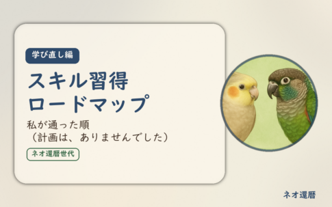 学び直し編のアイキャッチ。スキル習得ロードマップ、私が通った順(計画は、ありませんでした)。オカメインコとウロコインコの小鳥さんたちが描かれたイラスト入り。